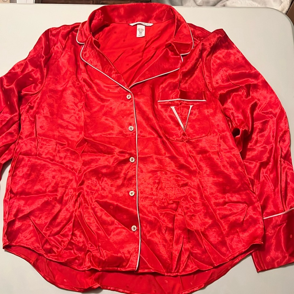 Victoria Secret red polka dot silky pajama set. Large top and extra large bottom